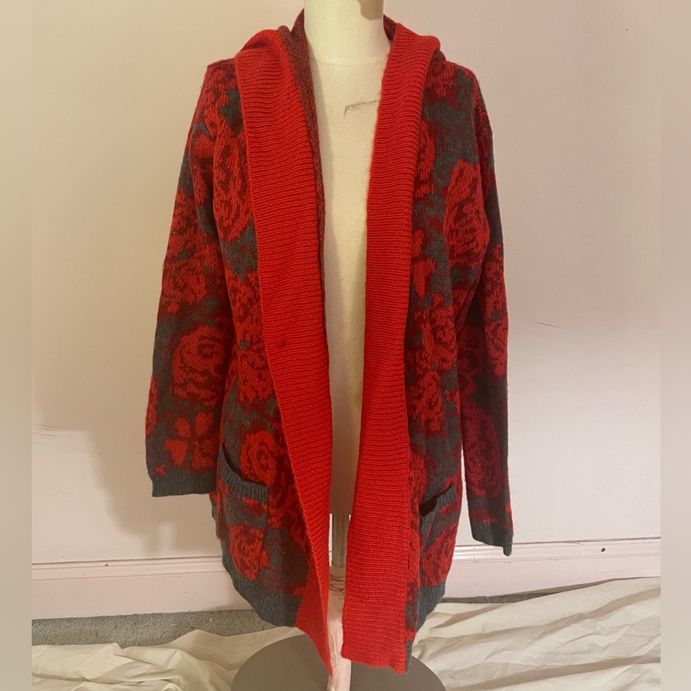 Oversized hooded red cardigan by Sparrow ( Anthropologie)